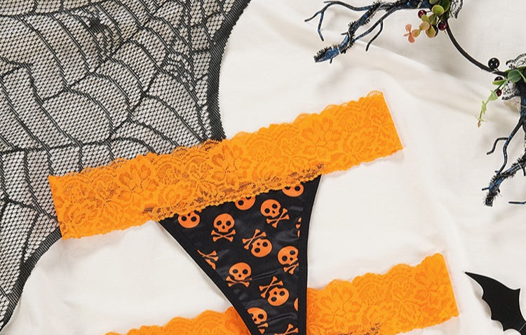 black Skull Crossbones Panty Orange Lace
