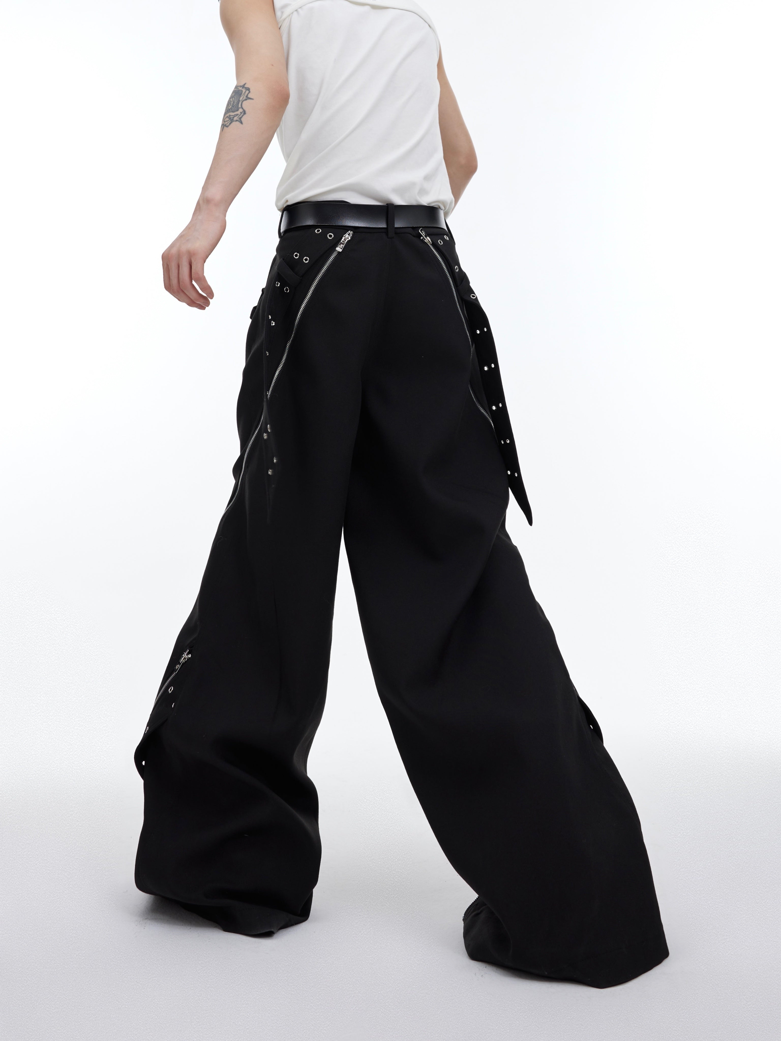 black Wide Leg Metal Zipper Punk Trousers