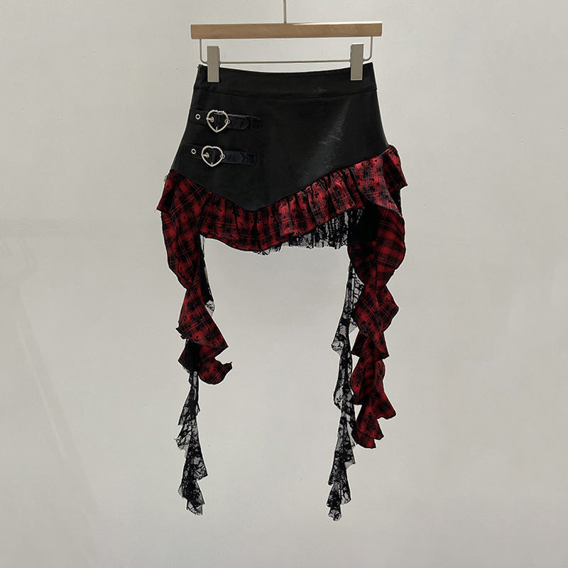 vegan leather Asymmetric Ruffled Alt Skirt red plaid ruffles