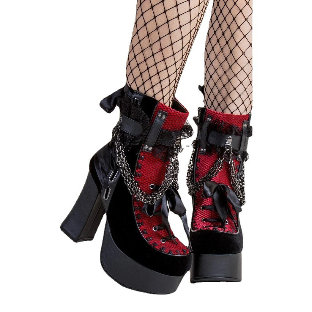 black red Gothic Lace Boots Bows with Chains