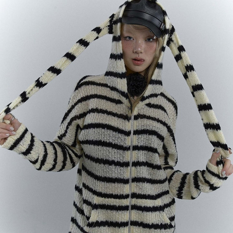 black white striped Goth Alt Sweater Cardigan with Bunny Ears Womens