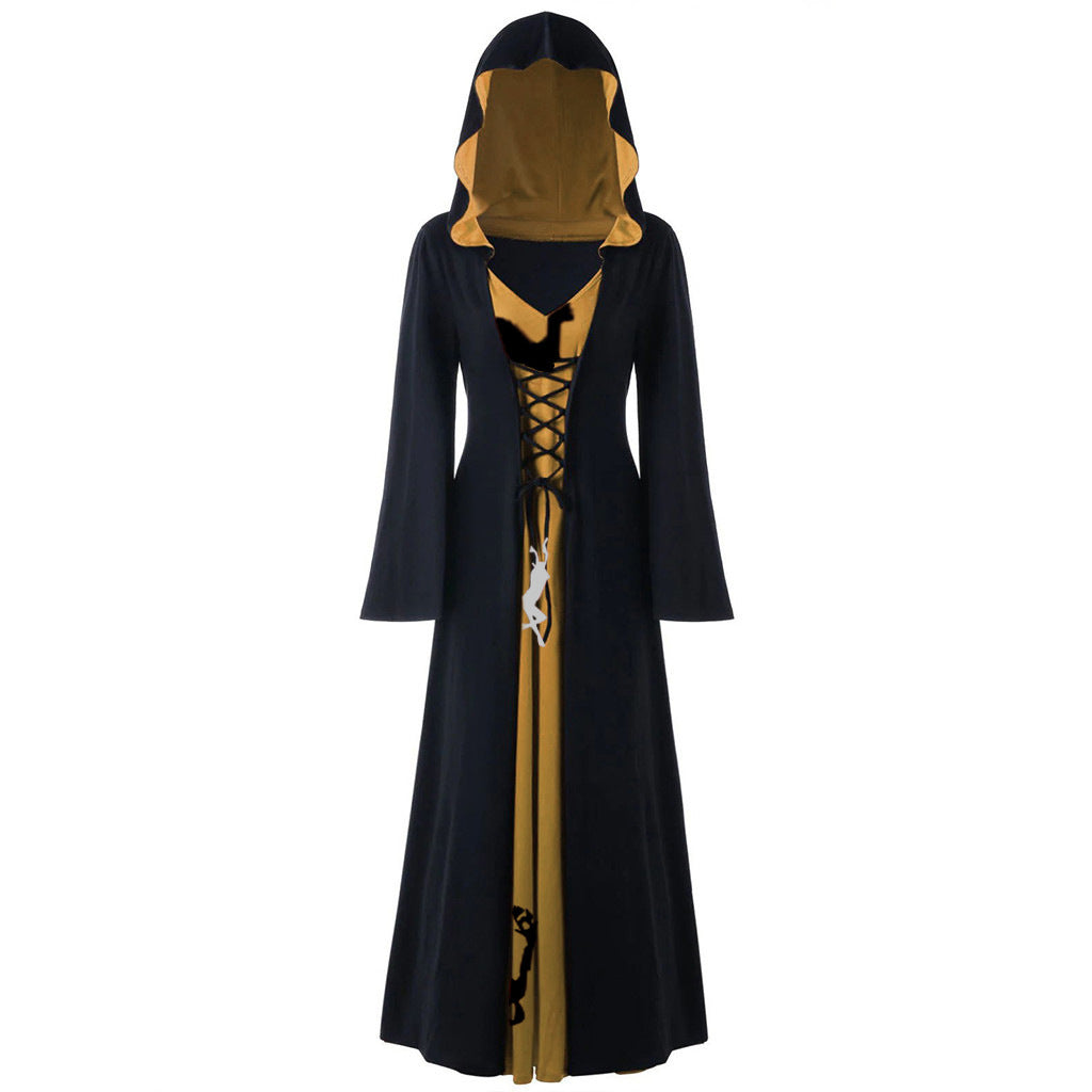 yellow Witchy Hooded Long Dress black