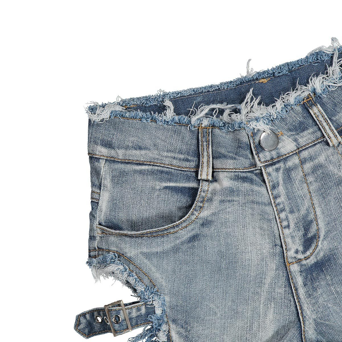 blue Belt Strapped Denim Shorts