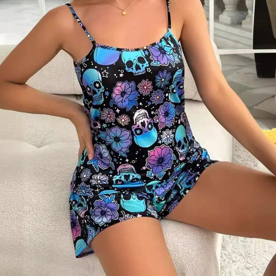 blue Goth Pajamas Floral Skull Print summer