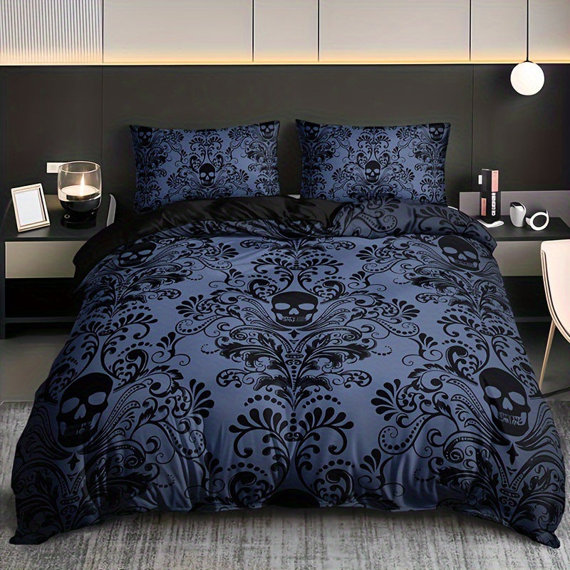 blue Gray Romantic Goth Bedding Set with Floral Skull Design