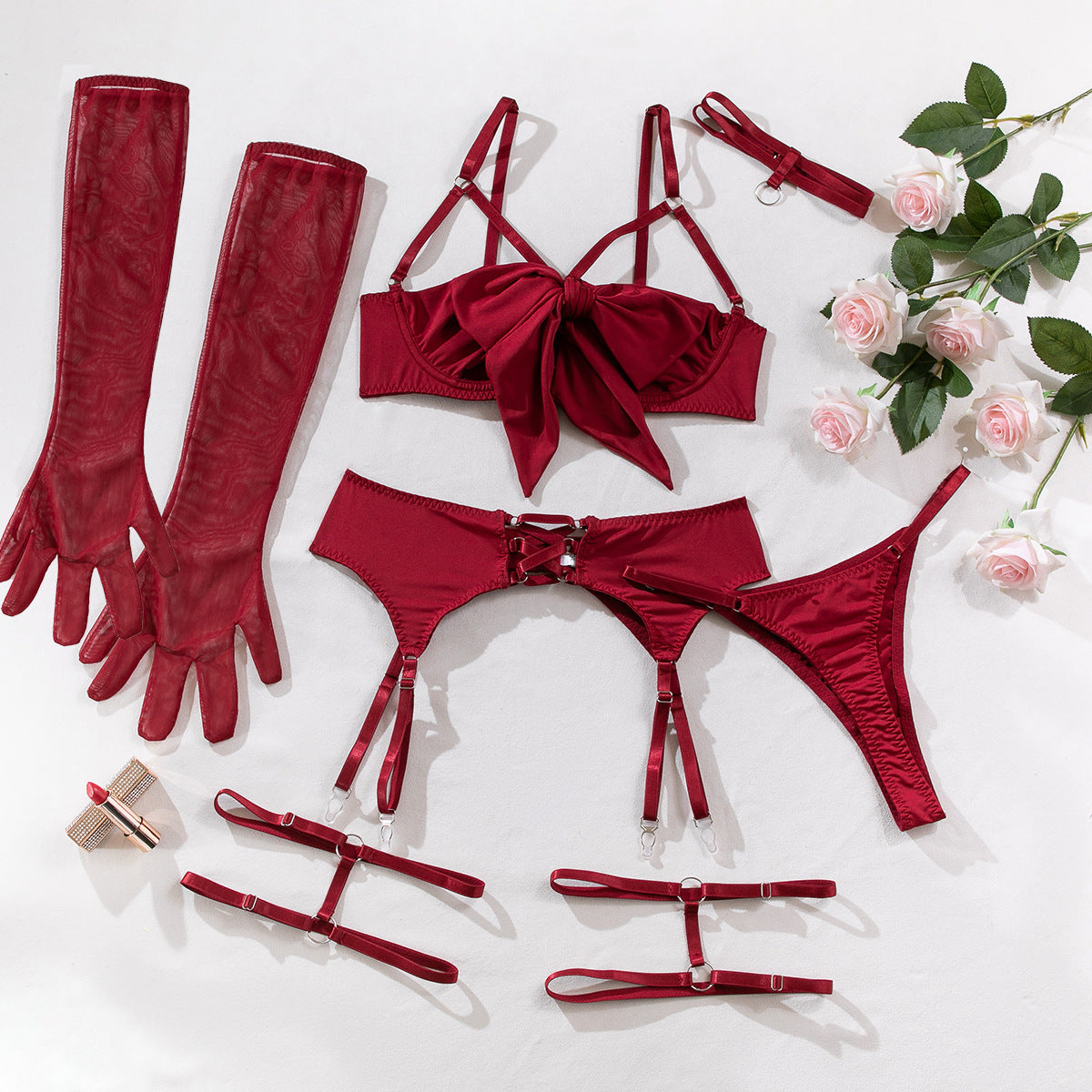 Garter Lingerie Set with Collar and Gloves