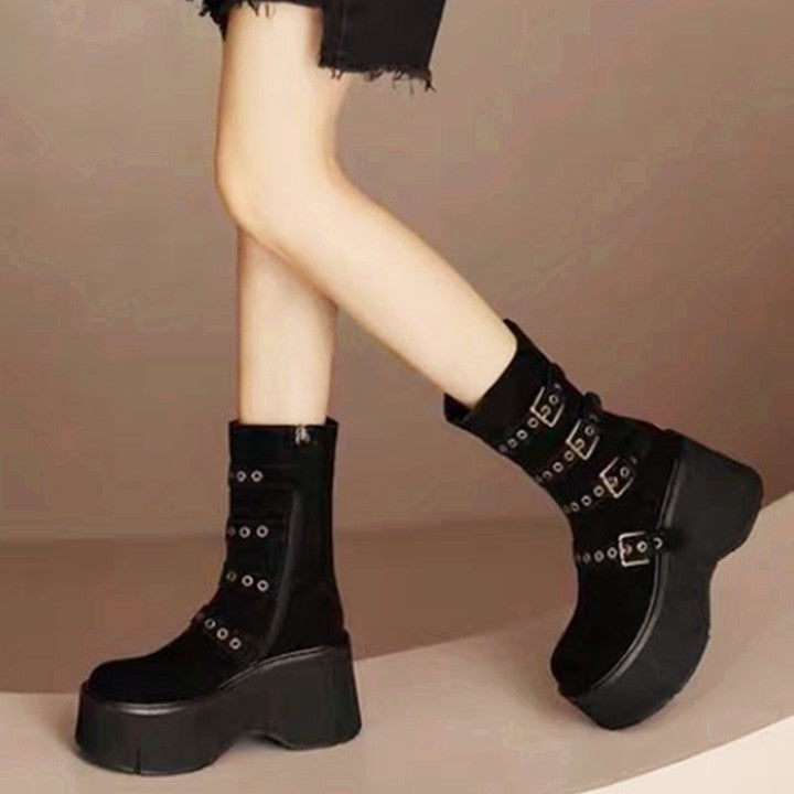 buckle Black Suede Gothic Wedge Boots Womens
