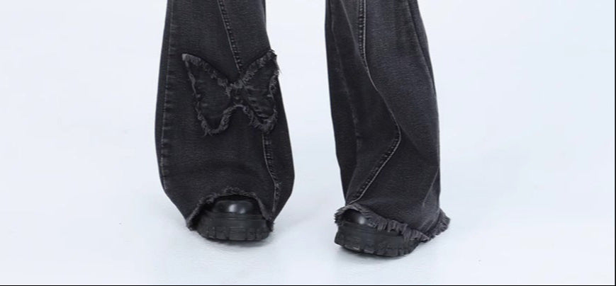 ripped Y2K Alternative Jeans Butterfly Design washed