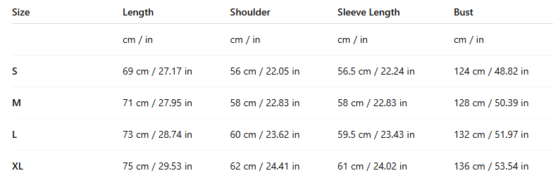 cardigan size chart