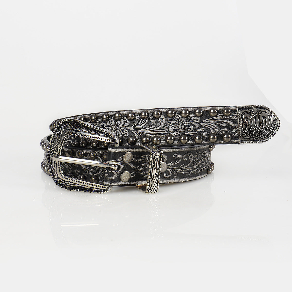 Goth Retro Silver Buckle Belt Embossed with Studs cowboy
