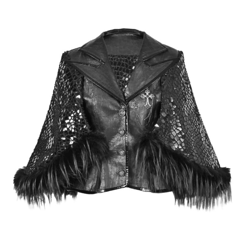 fitted waist Black Cape Gothic Jacket with Faux Fur