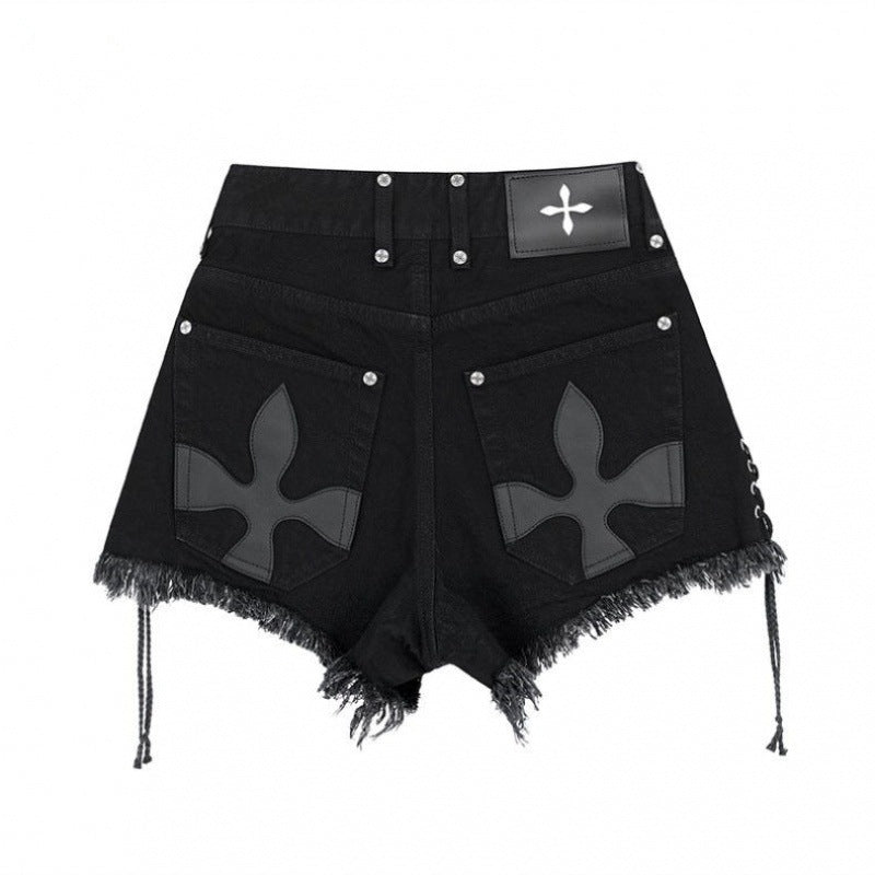 cross pockets Lace Up Black Denim Shorts for Women