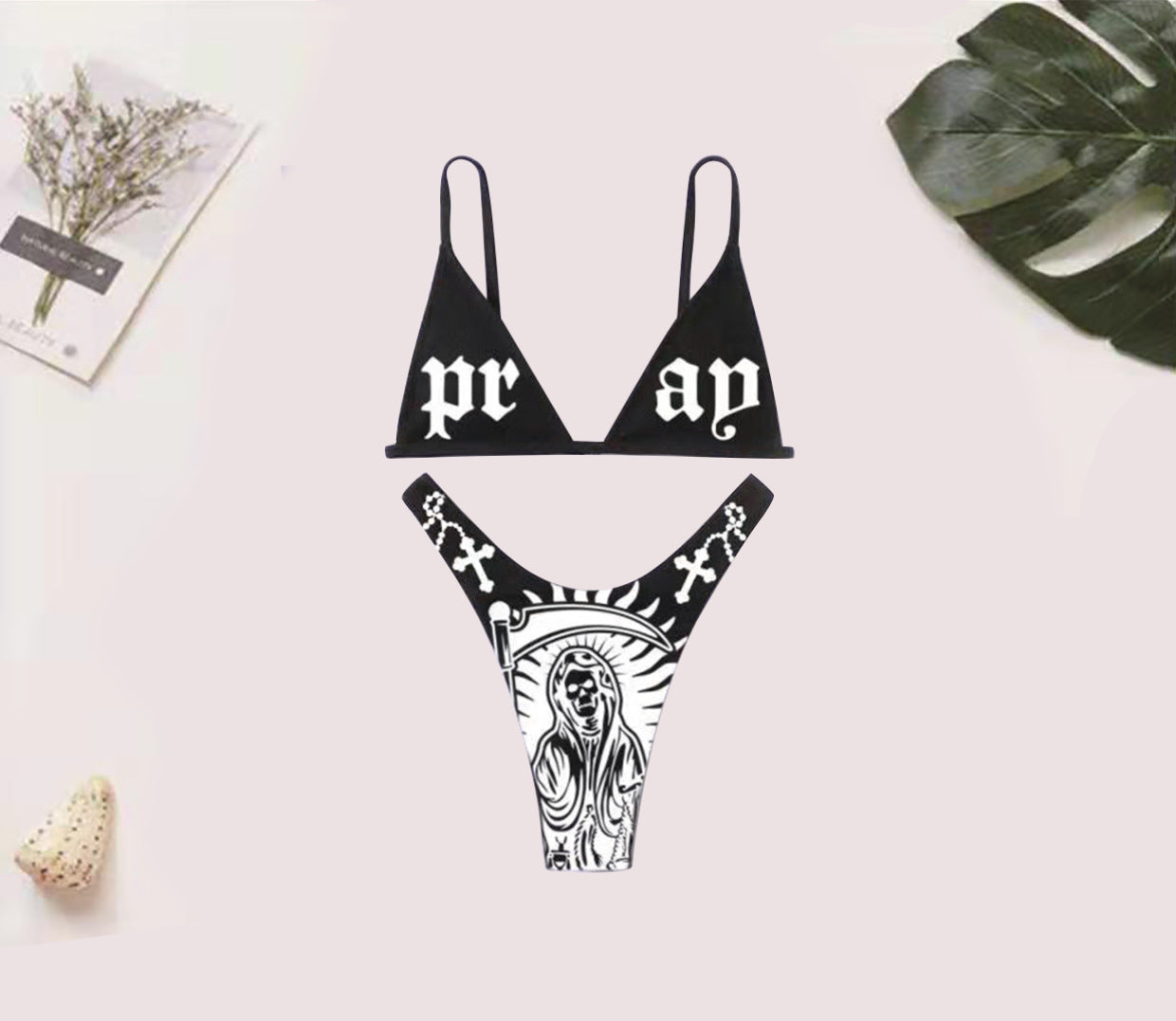 white cross "Pray" Dark Gothic Triangle Bikini Set with Crosses
