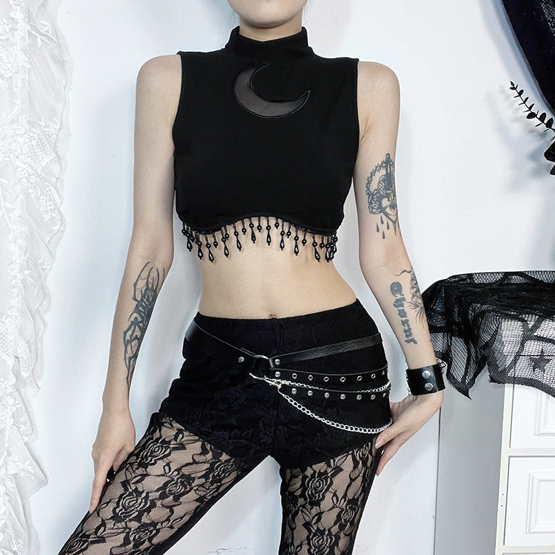 turtleneck Witch Crop Top with Moon Design