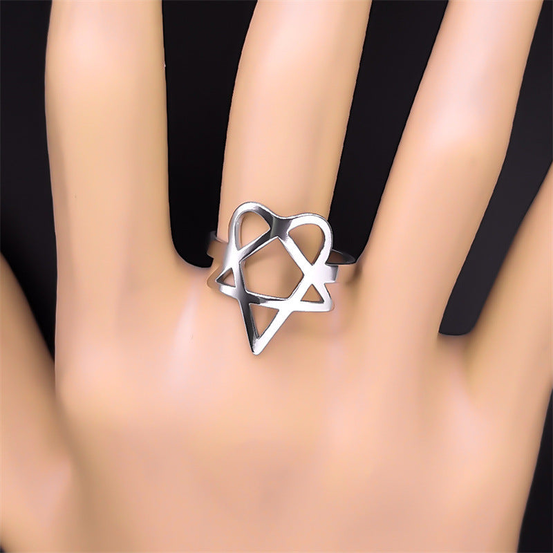 cute Heart Pentagram Ring Steel Heartagram Ring
