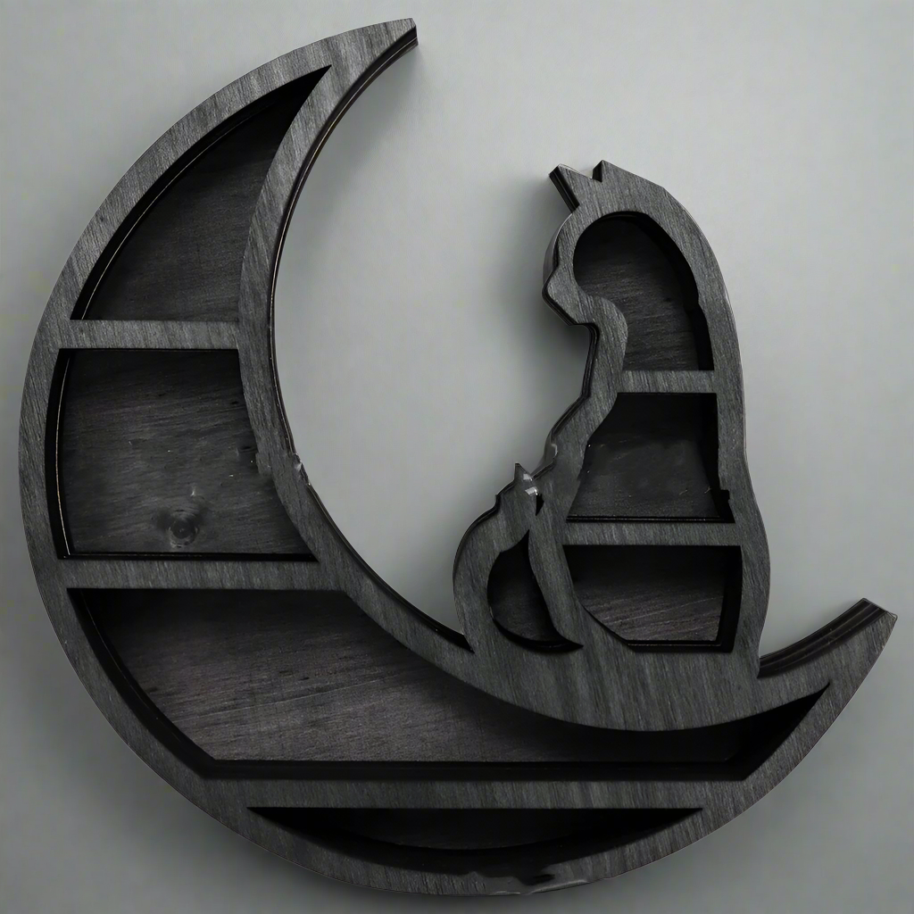 Wooden Cat On Moon Shelf