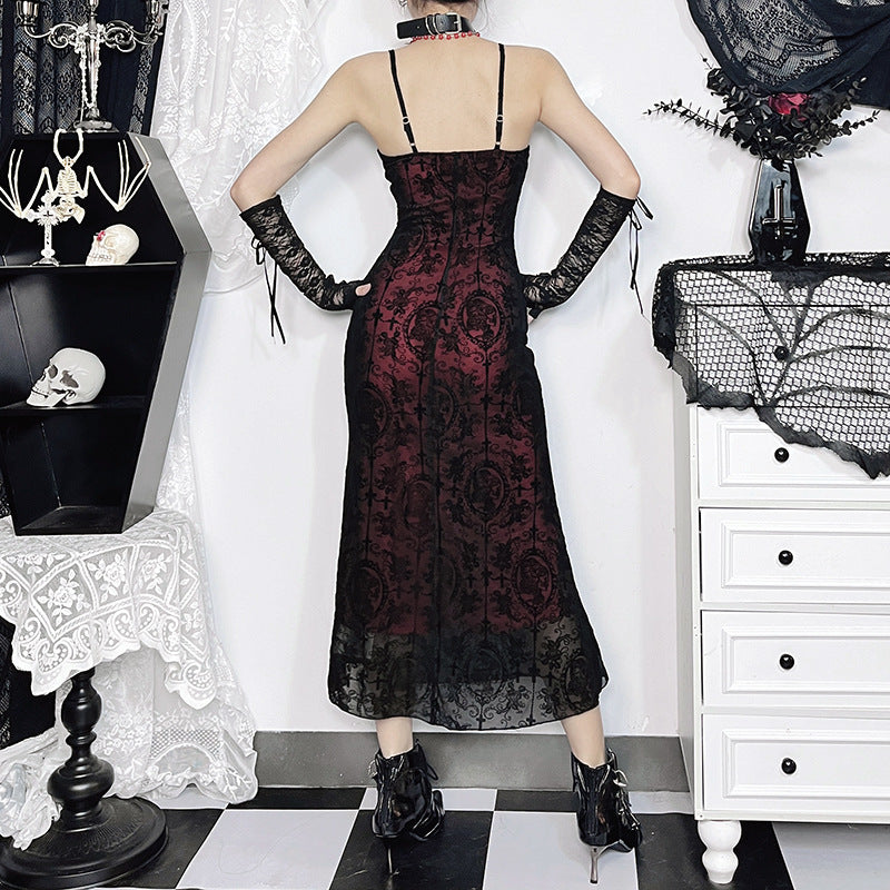 cherry red Gothic Midi Dress - Wine Red Lace