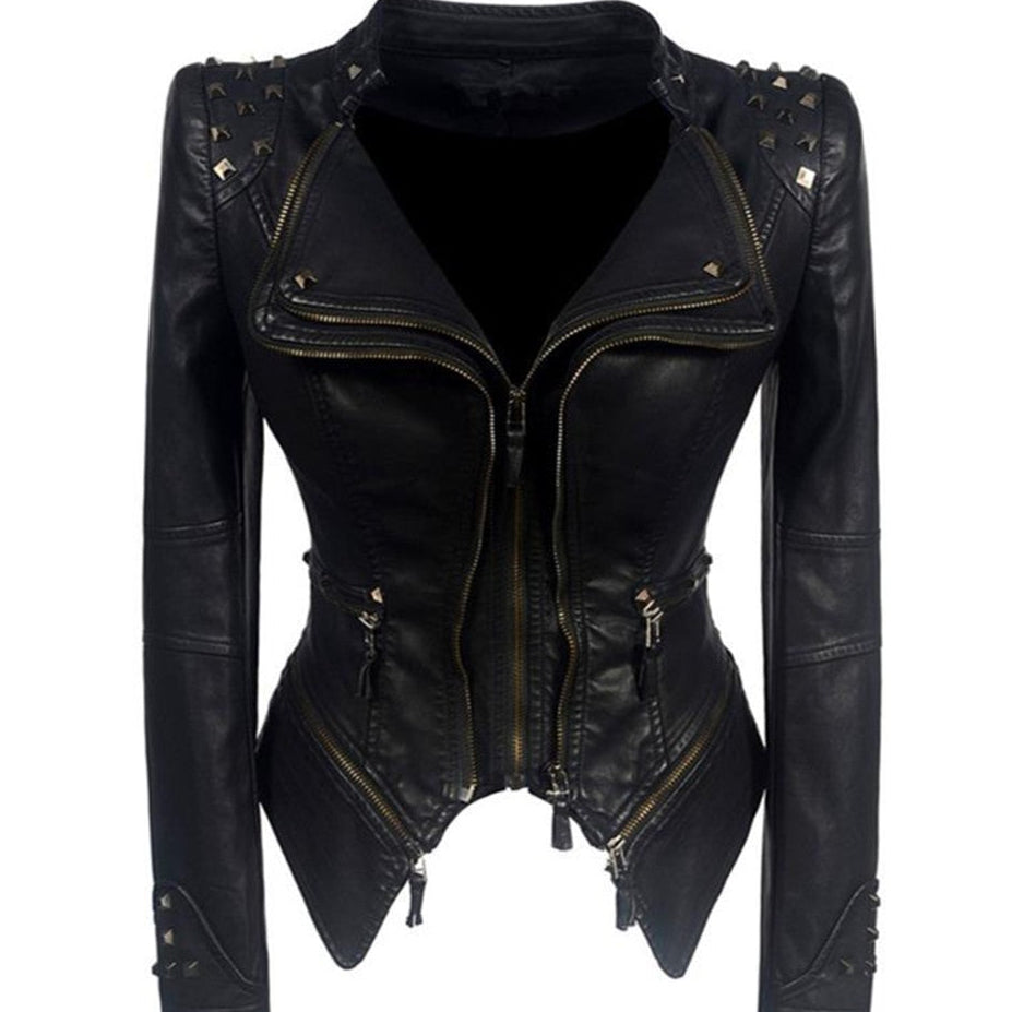 slim fit Metal Studded Leather Jacket Goth Womens