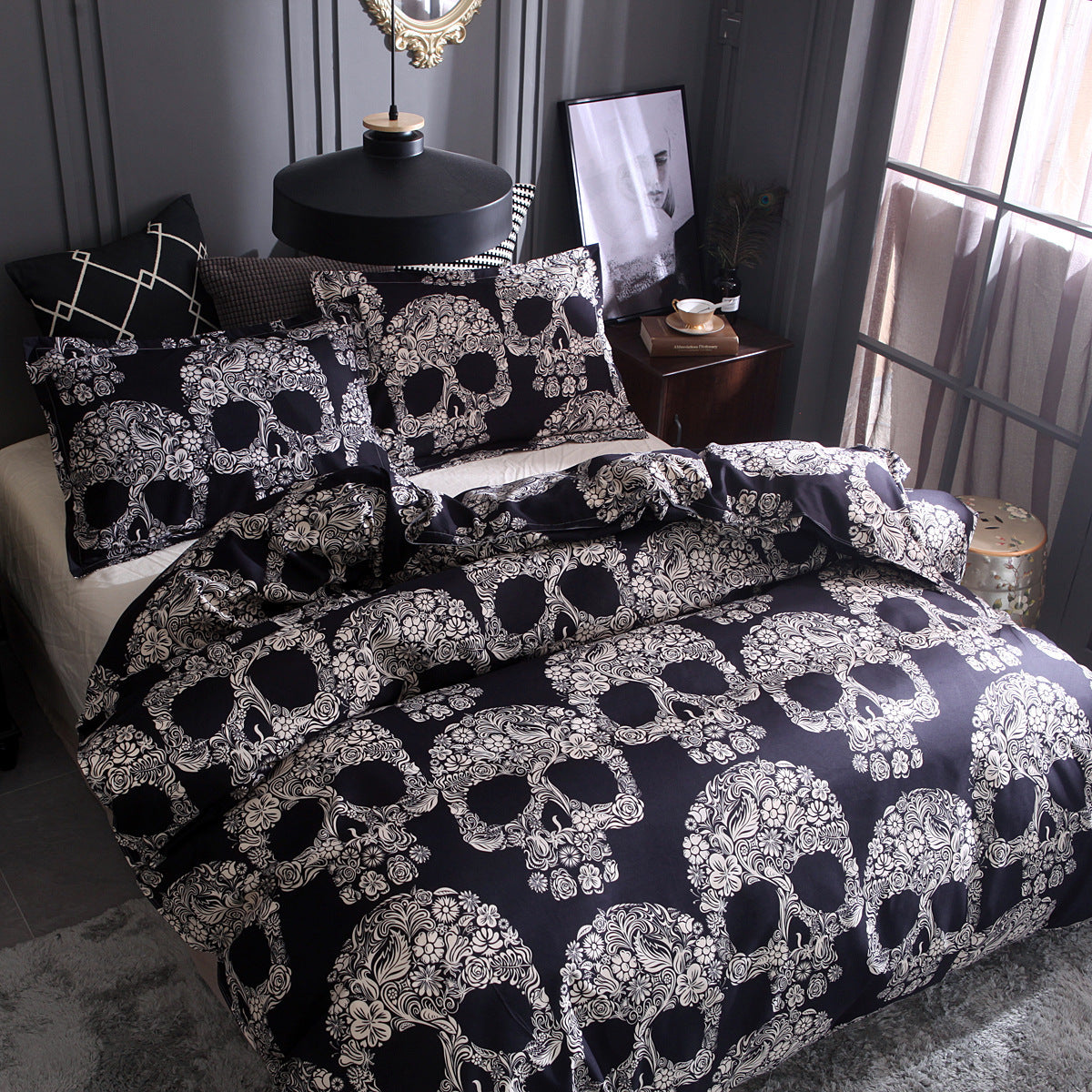 flower Skull Bedclothes Goth Quilt Cover Set