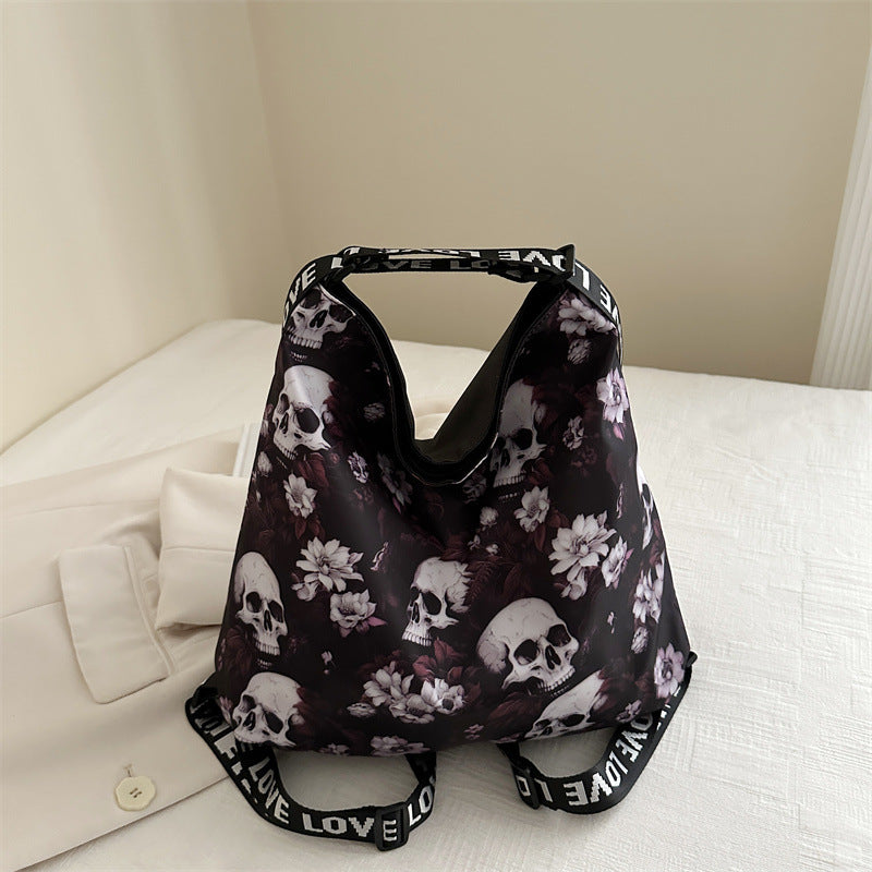 goth 2 in 1 Convertible Floral Skull Pattern Backpack purple black red