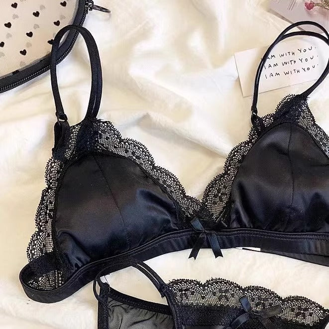 goth Alt Bralette and Panties Set Black Satin