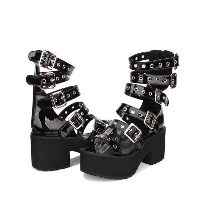 goth Black Buckle Straps Sandals