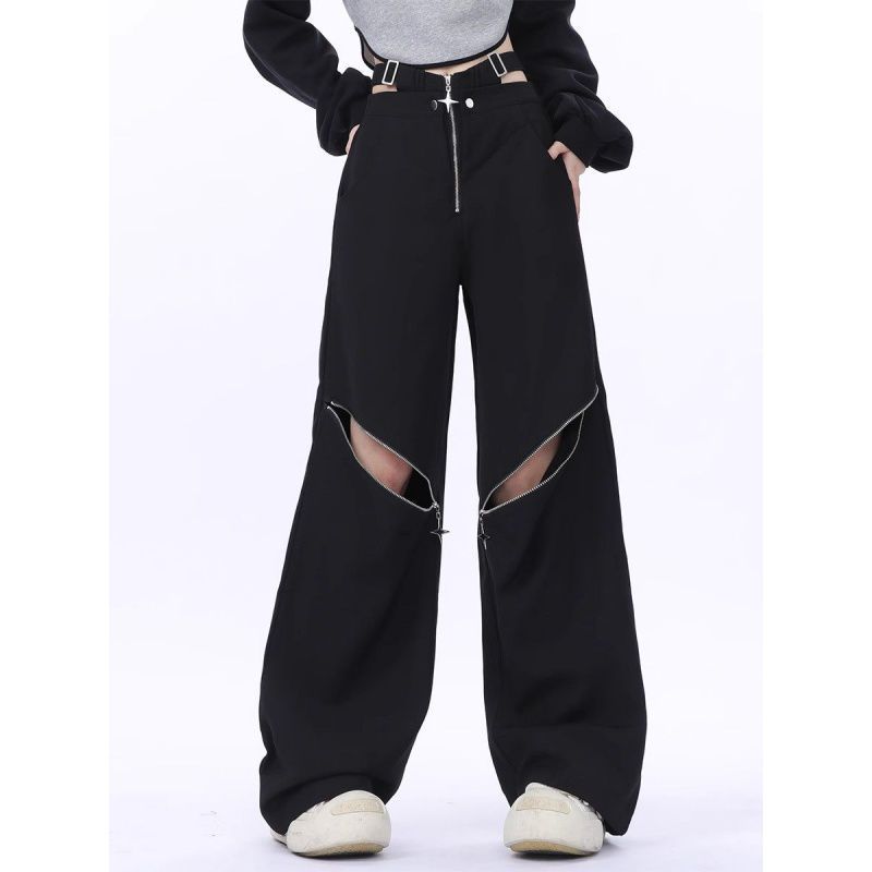 goth Black Ripped Trousers for Women