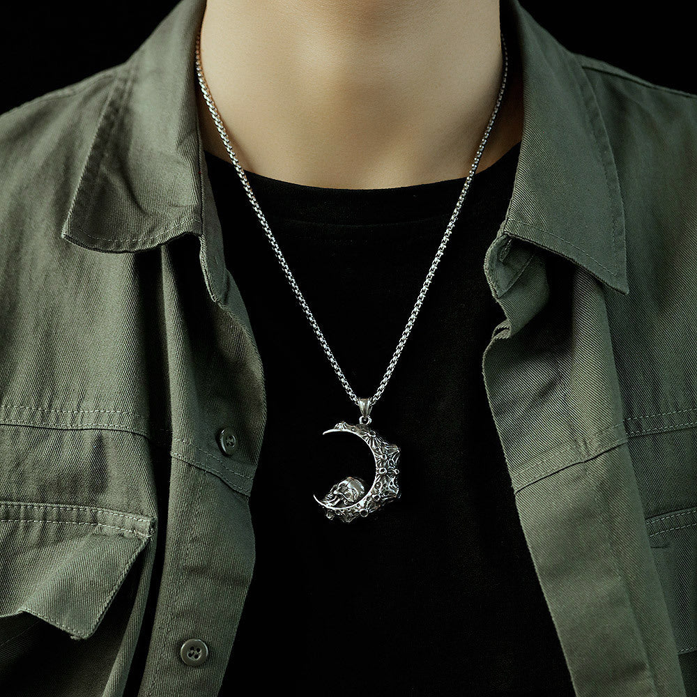 goth Crescent Moon Skull Necklace