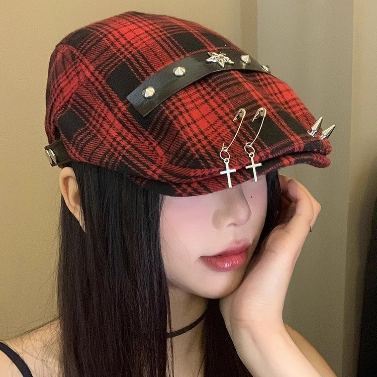 goth Red Plaid Goth Hat with Crosses