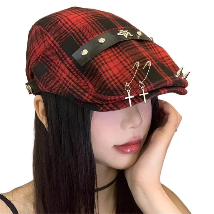 grunge Red Plaid Goth Hat with Crosses