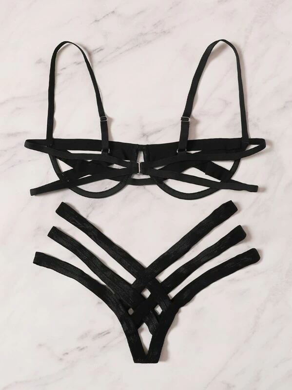 goth Strappy Alt Black Cut Out Lingerie Set