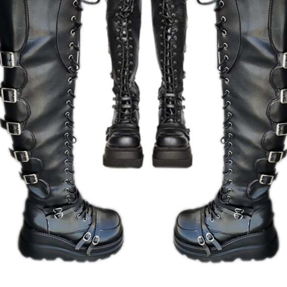 goth Thigh High Lace Up Boots Womens