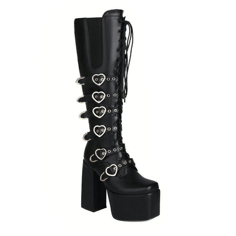 goth Womens High Heel Boots Heart Buckle Straps