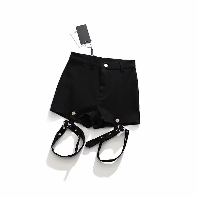 goth Black Strapped Shorts - Cargo Shorts