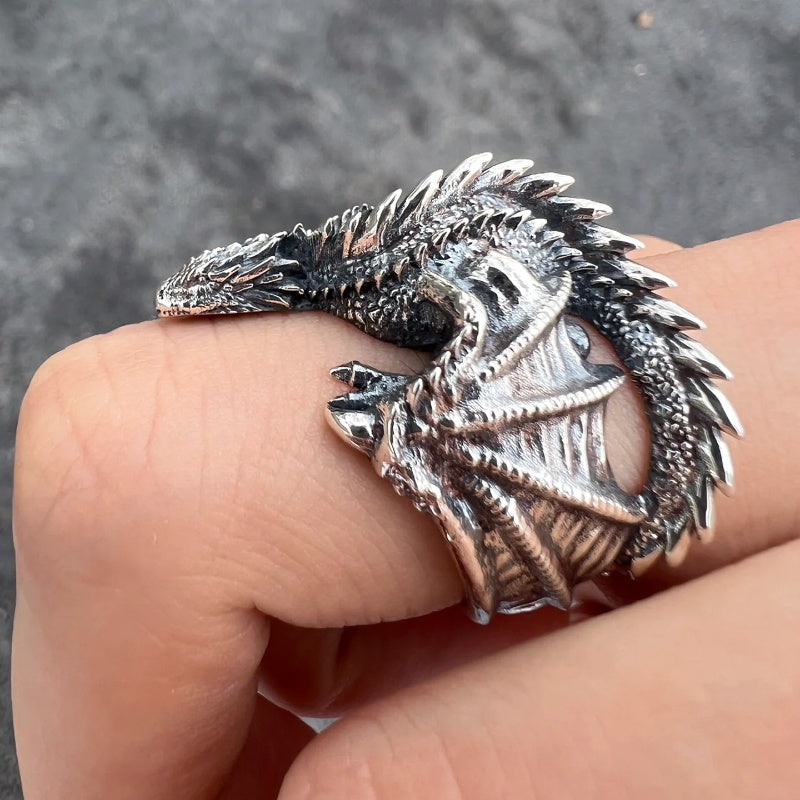 goth Dragon Ring Silver Metal Steel