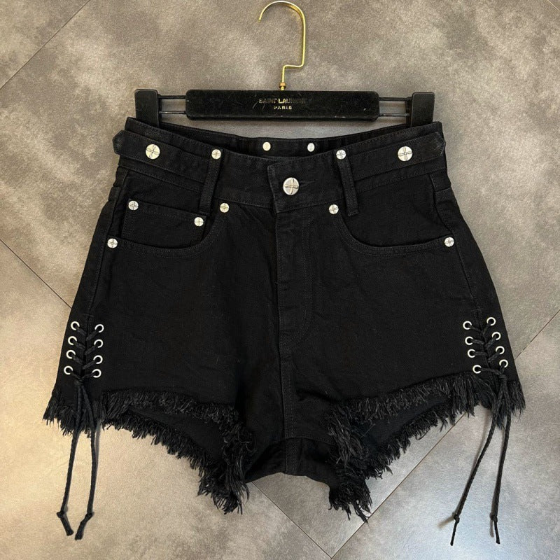 goth Lace Up Black Denim Shorts for Women