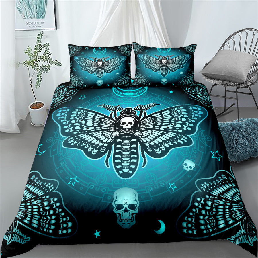 gothic Skull Moth Bedding Set Blue Color
