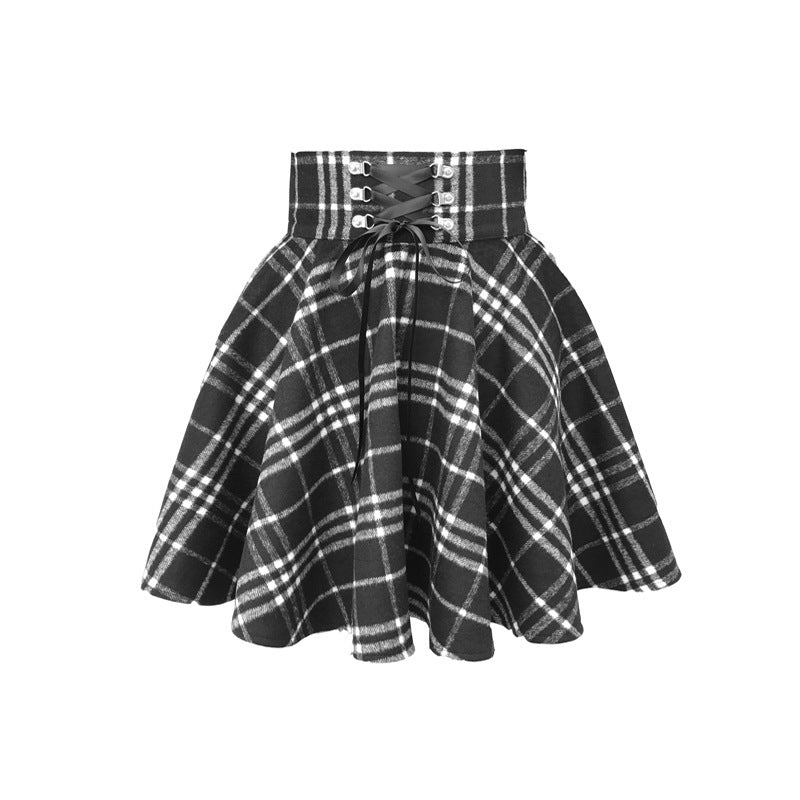 gray Lace Up Waist Corset Plaid Skirt