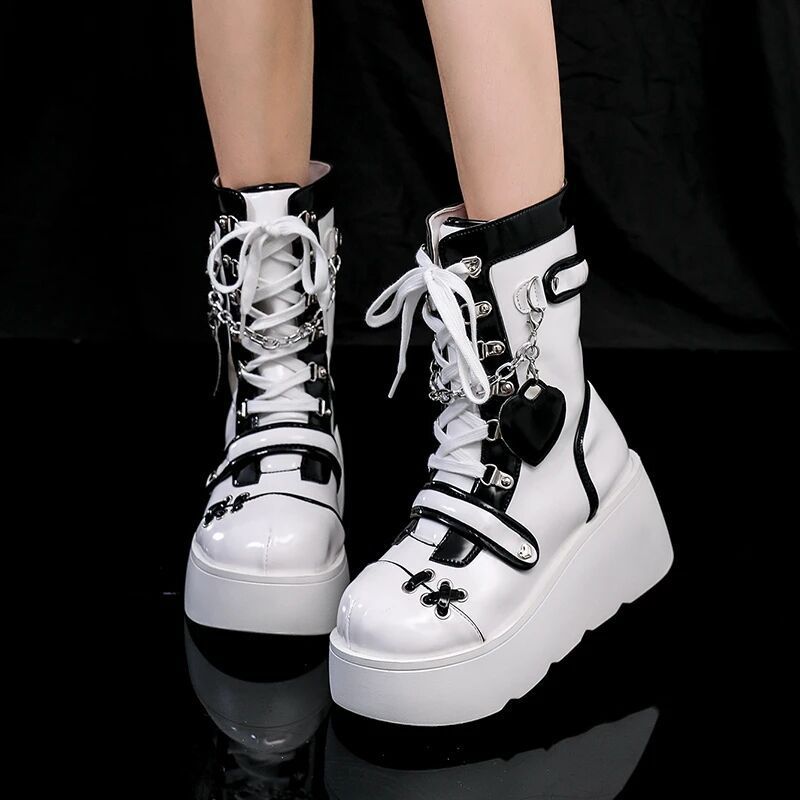 japanese Goth Flat Platform Boots Black and White