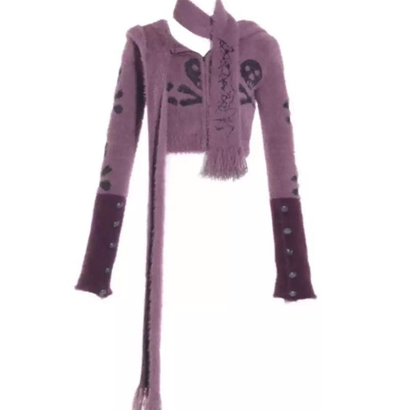 hoodie Purple Goth Cardigan Skull Crossbones zip up