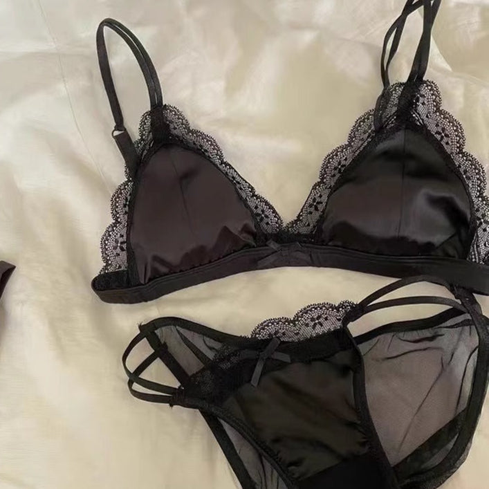 lace Alt Bralette and Panties Set Black Satin