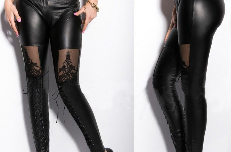 Goth Leather Leggings with Sheer Lace