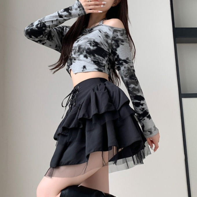 lace up High Waist Ruffle Skirt Sexy Goth
