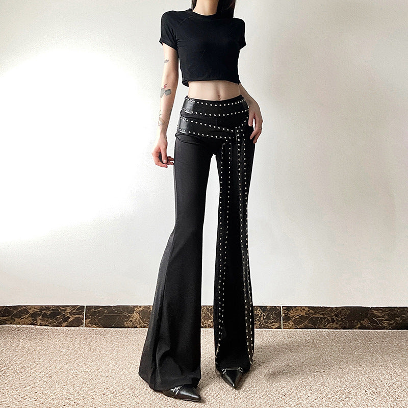 large metal studs Long Belt Flare Pants