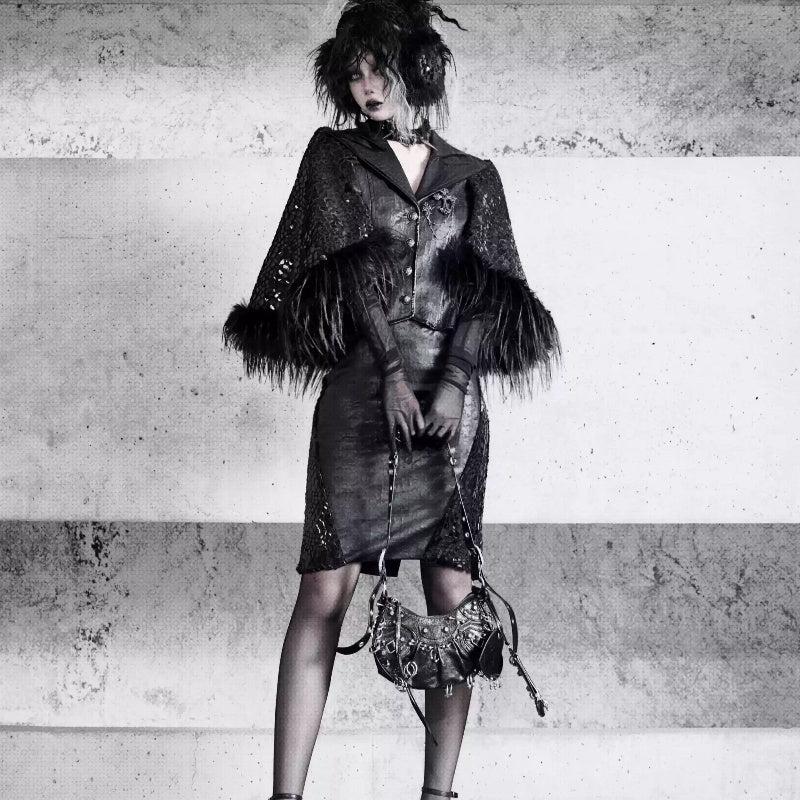 leather Black Cape Gothic Jacket with Faux Fur