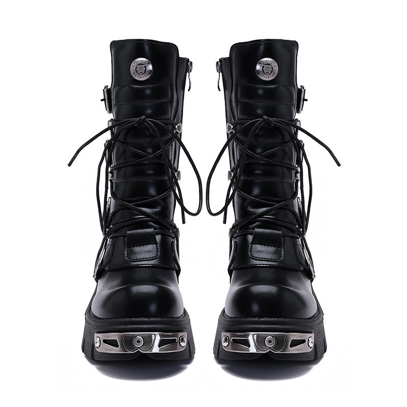 leather Black Platform Boots Men's