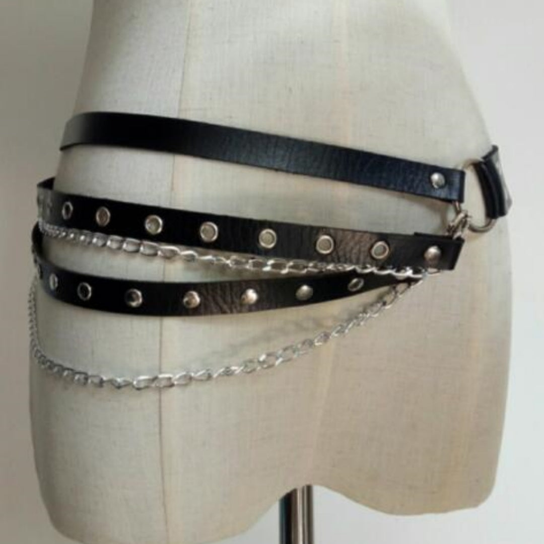 leather Black Strap Belt with Chains Gothic Womens