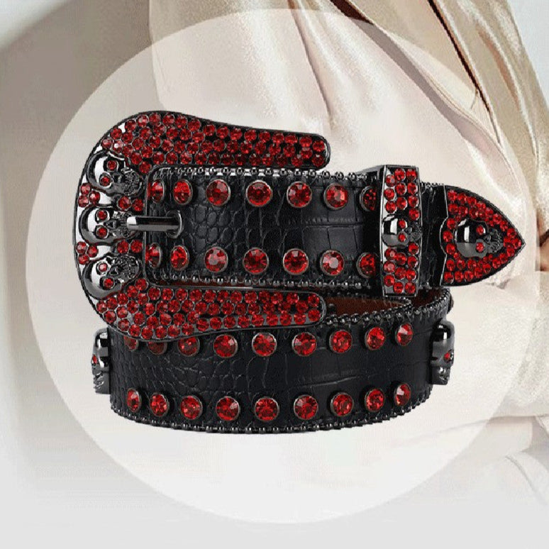 leather Gothic Black Red Crystal Belt with Skulls