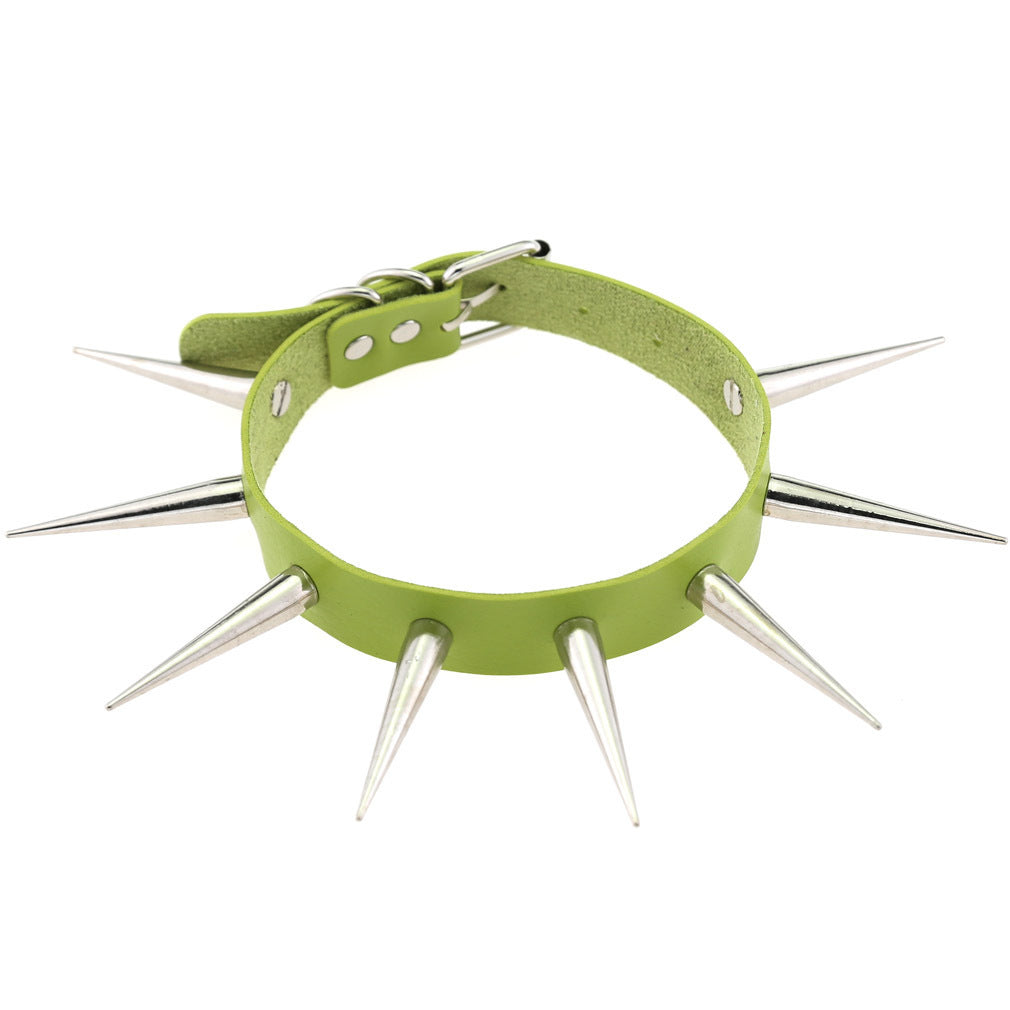 green Spike Leather Collar