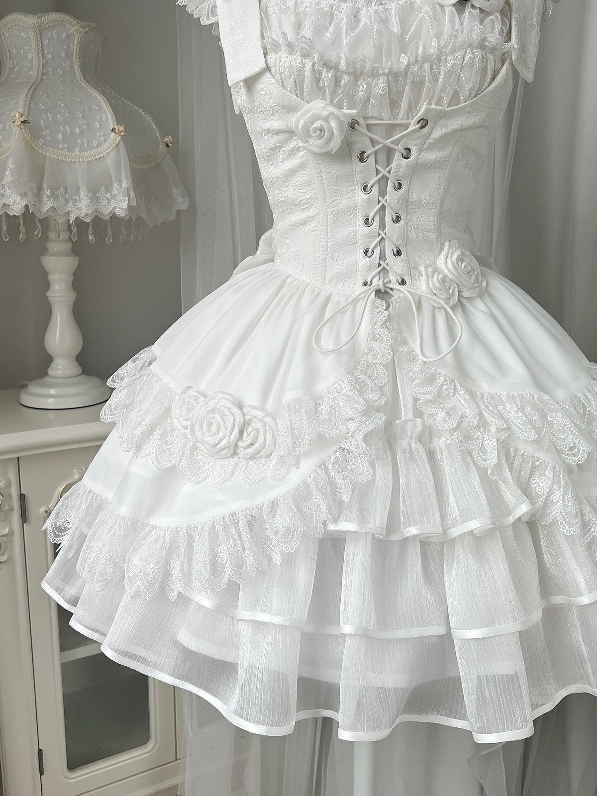 lolita White Goth Dress - Puffy with White Roses